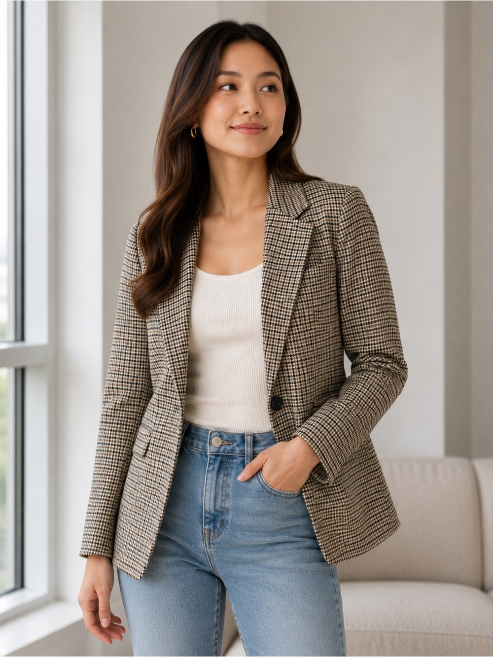 Plaid Single-Button Women’s Blazer in Beige & Black